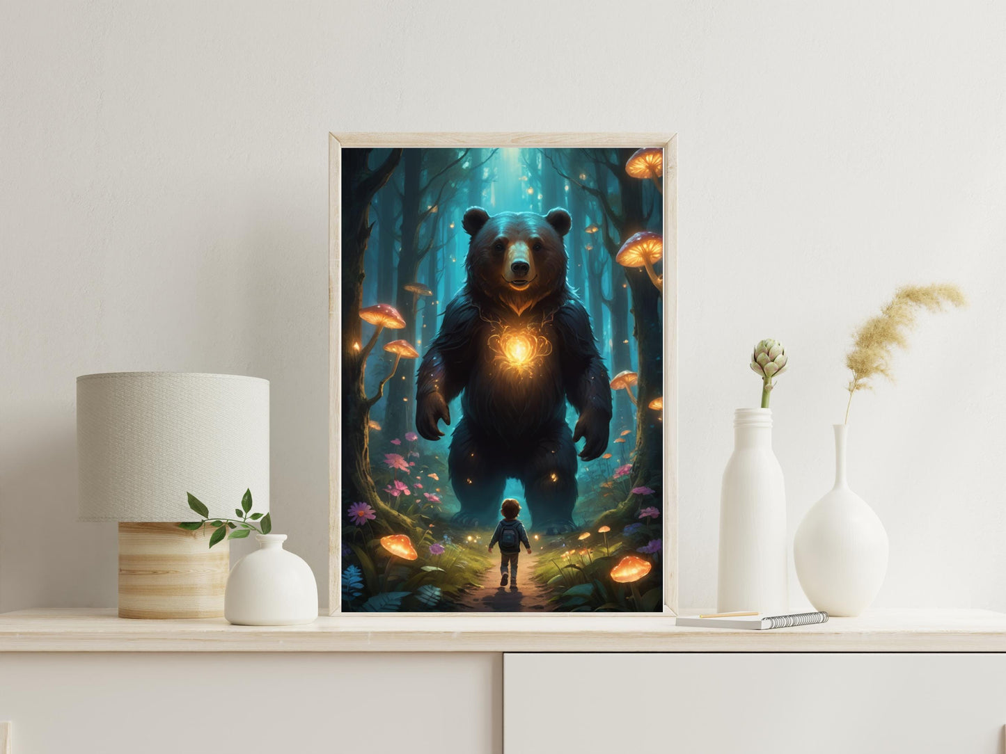 Glowing Bear Spirit & Child | Mystical Forest Digital Artwork | Instant Download Print. Downloadable Artwork. Wall Frame. Beautifully Made