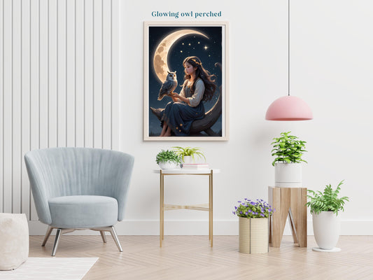 Glowing Owl Art; Digital Print, Wall Celestial Owl Print: Printable Wall Art. Stargazer Gift