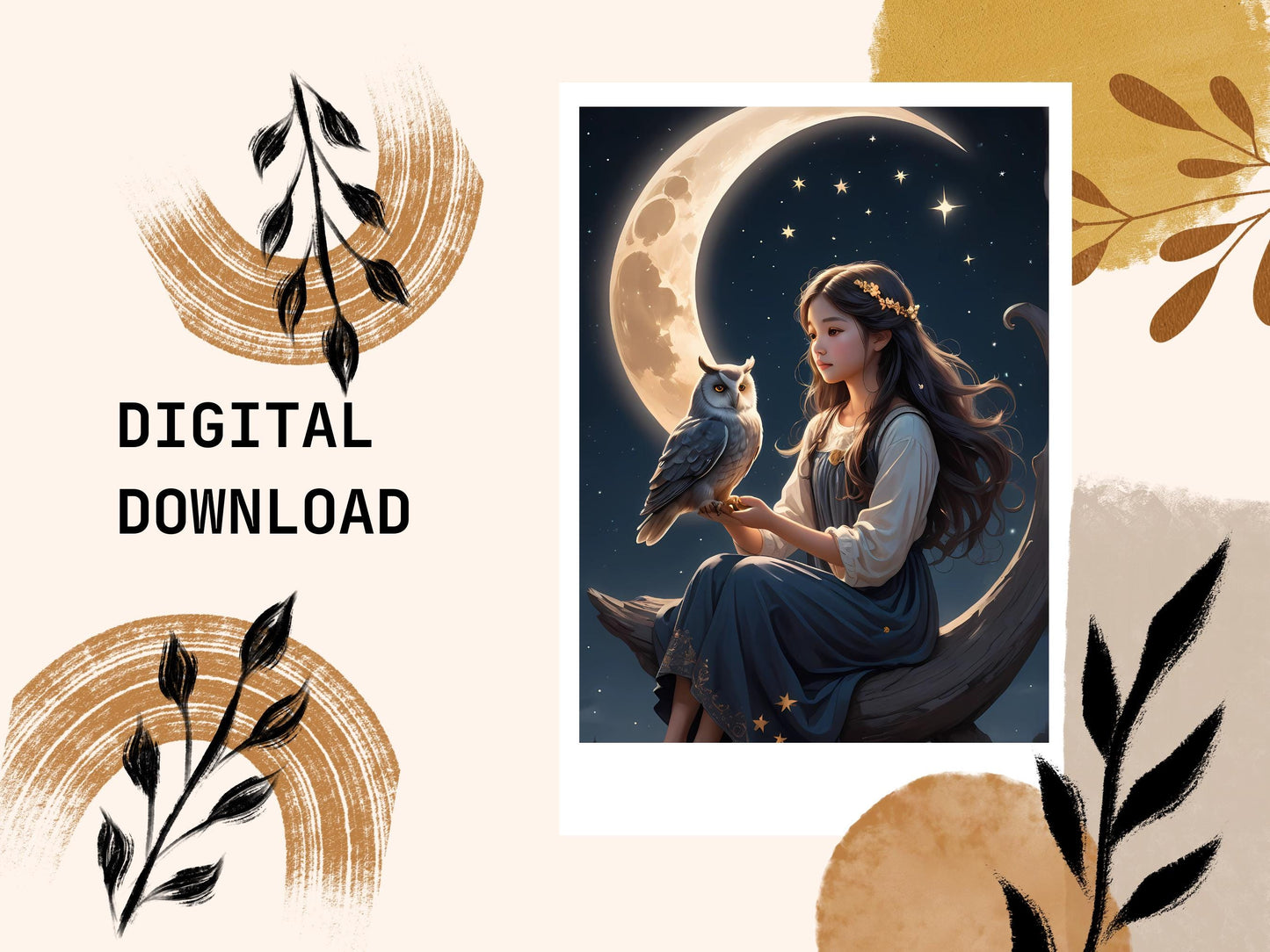 Glowing Owl Art; Digital Print, Wall Celestial Owl Print: Printable Wall Art. Stargazer Gift