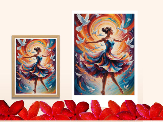 Grace in Motion: Ballet Dancer with Swirling Doves | Elegant Digital Art Print | Instant Download Wall Decor