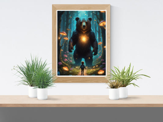 Glowing Bear Spirit & Child | Mystical Forest Digital Artwork | Instant Download Print. Downloadable Artwork. Wall Frame. Beautifully Made